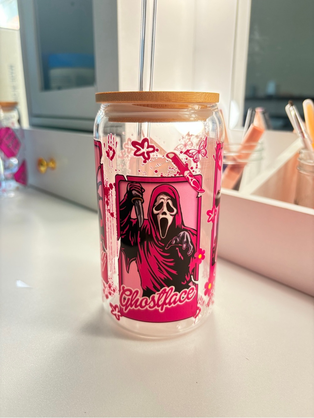 Ghostface Pink Acrylic Drink Jar with Bamboo Lid and Straw - Pink Ghost Design